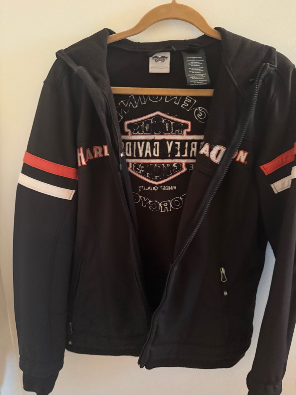 Harley-Davidson Black Hooded Zip Jacket with Red & White Sleeve Accents